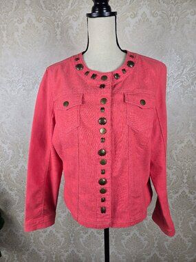 Prosper & Devine Size L/XL Coral Denim Jacket Snap Front Embellished Pockets